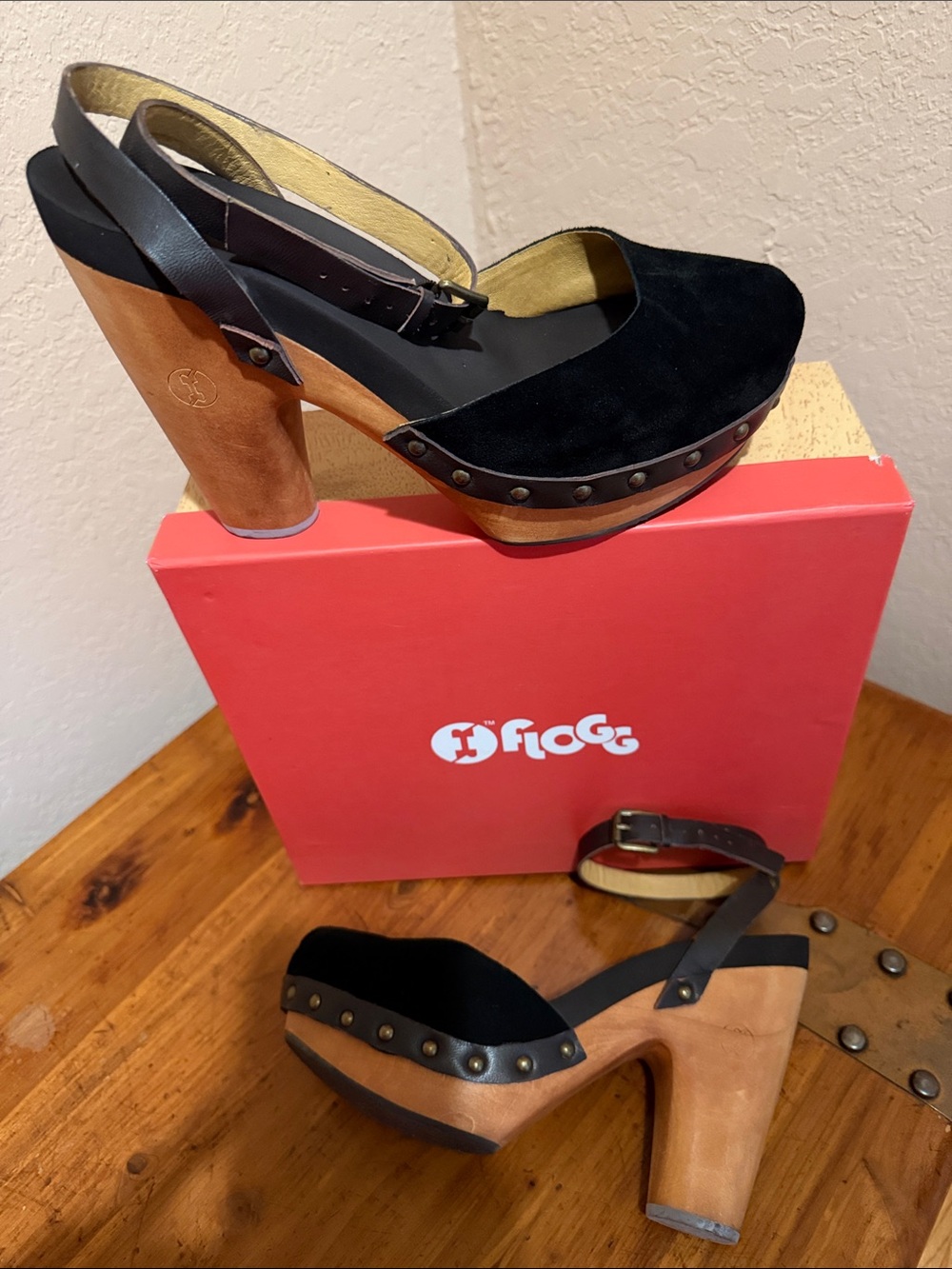 Flogg Black Suede & Tan Wood Platform Slingback Heels